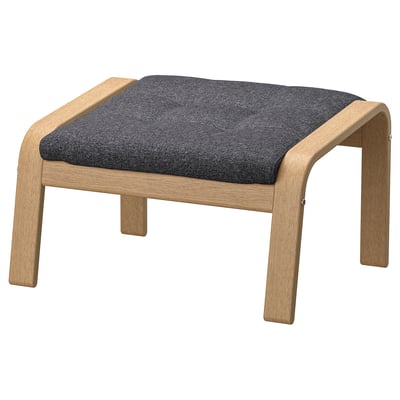 POÄNG footstool: light oak frame, grey cushion, modern curved design.
