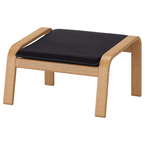 Poang footrest: light wooden frame, black cushioned seat, angular design.