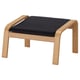 Poang footrest: light wooden frame, black cushioned seat, angular design.