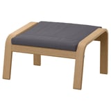 POÄNG footstool: light oak frame, dark blue cushion, rectangular shape with curved edges.