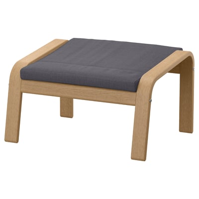 POÄNG footstool: light oak frame, dark blue cushion, rectangular shape with curved edges.