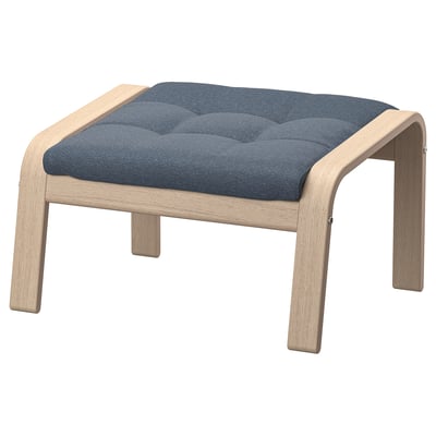 POÄNG footstool: light oak frame, blue cushion, curved & sturdy.