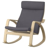 POÄNG rocking chair, blue-grey, wooden frame, curved design.