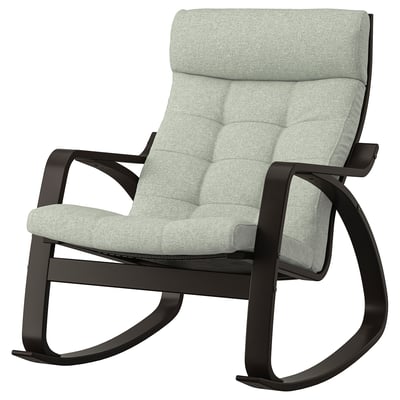 POÄNG rocking chair, light green fabric, black wooden frame, curved design for comfort.