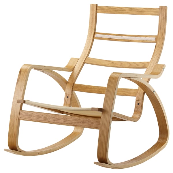 POÄNG rocking chair frame, light wood, curved back and armrests, minimalist design.
