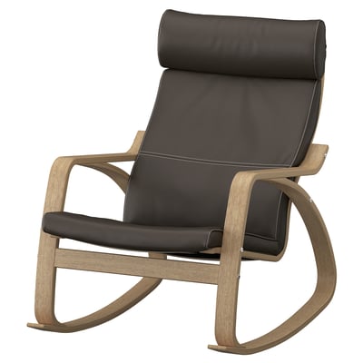 POÄNG chair: black leather seat & back, wooden frame, curved arms, rocking shape.