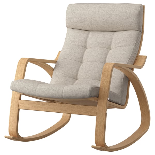 POÄNG rocking chair, light gray, wooden frame, padded cushions.