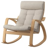 POÄNG rocking chair, light gray, wooden frame, padded cushions.