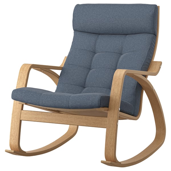POÄNG rocker chair, light oak, blue padding, curved design.