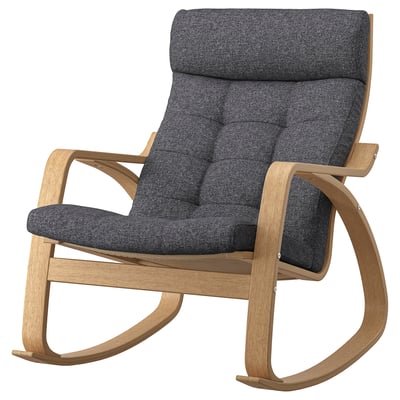 Modern rocking chair POÄNG: light wood frame, dark grey cushions, comfortable design.