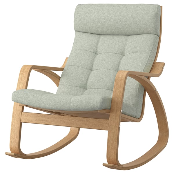 Poang rocking chair, light green cushion, oak wood, curved design, comfy seat.