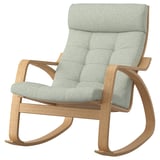 Poang rocking chair, light green cushion, oak wood, curved design, comfy seat.