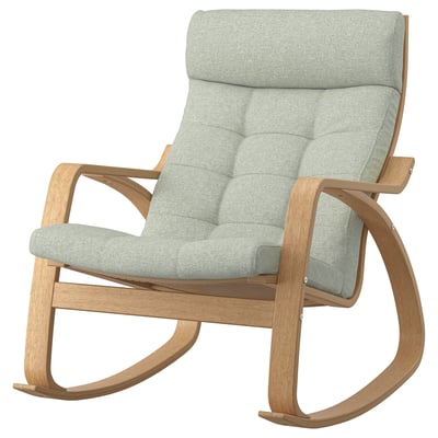 Poang rocking chair, light green cushion, oak wood, curved design, comfy seat.