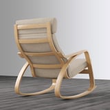 Lightwood rocking chair with grey cushion, high back support.