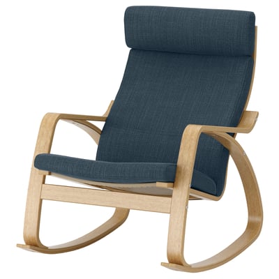 Poang rocking chair: light wood, blue cushions, curved back, comfy seat.