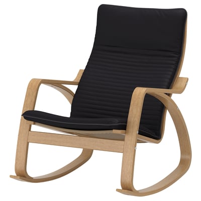 Black leather rocking chair with light wood frame, curved design, comfortable and relaxing.