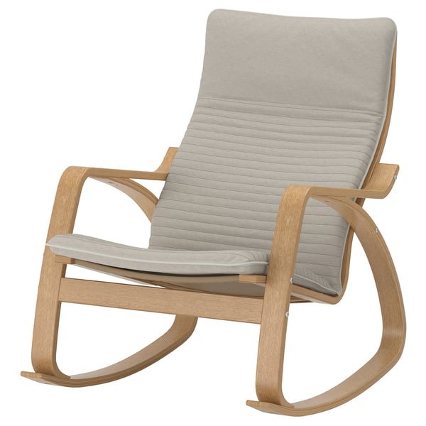 A light gray POÄNG rocking chair with a wooden frame, featuring a high back and cushioned seat for comfort.