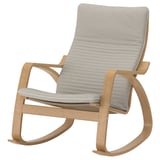 A light gray POÄNG rocking chair with a wooden frame, featuring a high back and cushioned seat for comfort.
