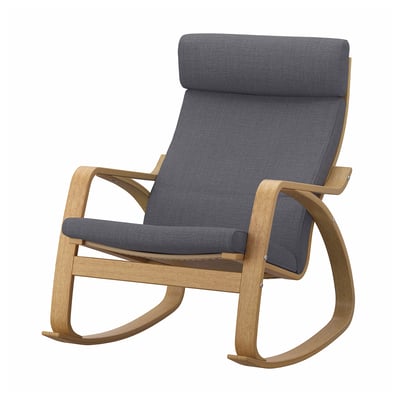 Modern rocking armchair with oak frame and dark grey cushions. Minimalist design, lightweight, and comfortable.
