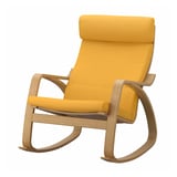 POÄNG chair: bright yellow cushions, light oak wood frame, curved rocker design.