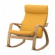 Option: POÄNG chair: bright yellow cushions, light oak wood frame, curved rocker design.