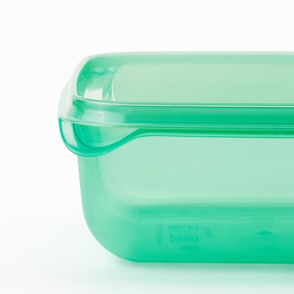 Clear green plastic food container, durable, stackable, bpa-free, showing lid and base.
