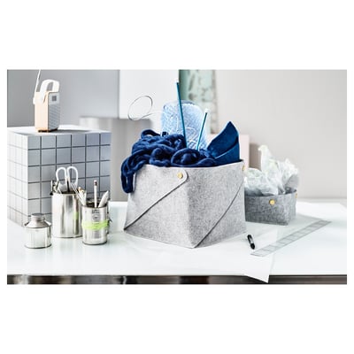 PUDDA gray felt basket with brass button, versatile storage for clothing or accessories