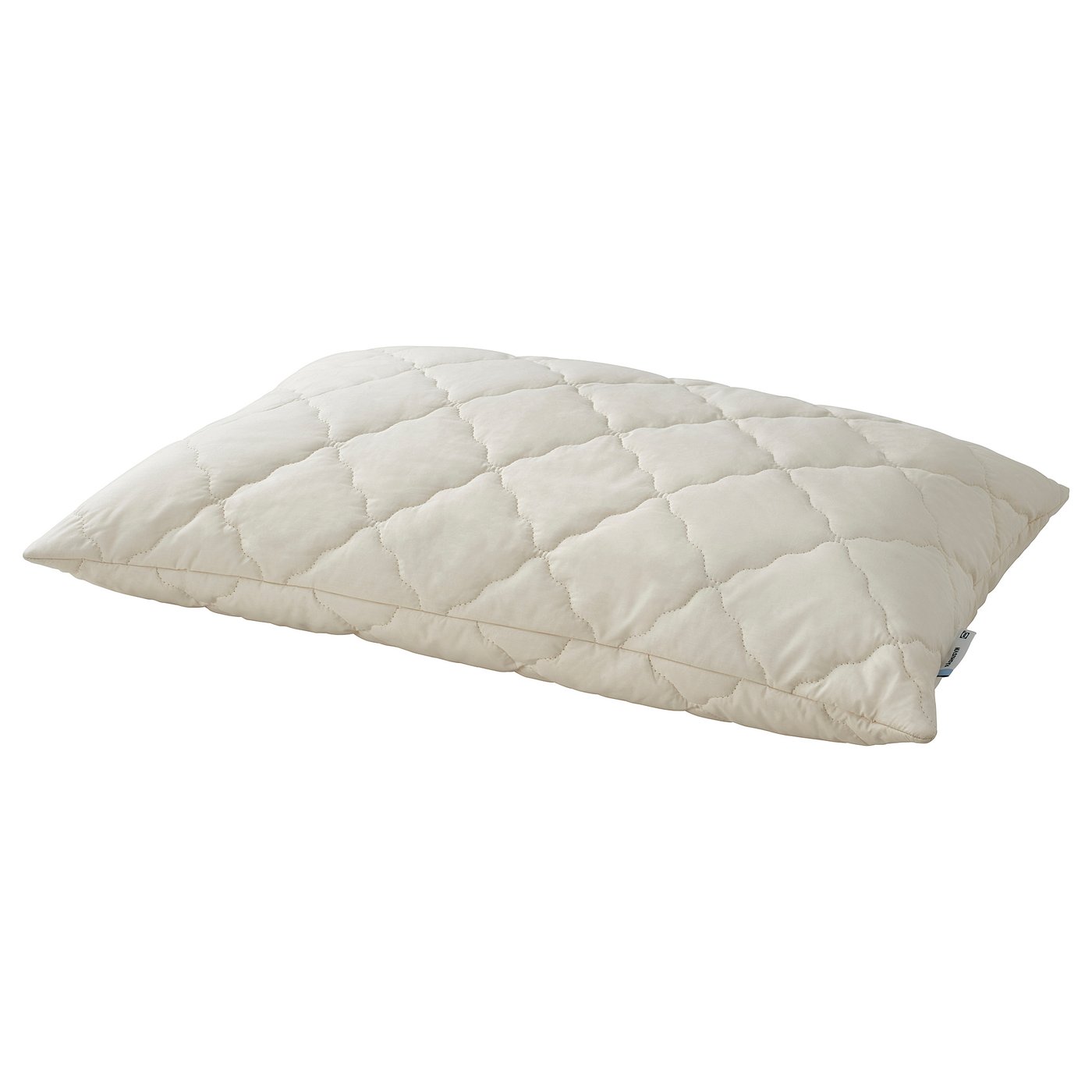 RÅDHUSVIN cream pillow; diamond quilted, natural cotton & wool, slim for stomach sleepers.