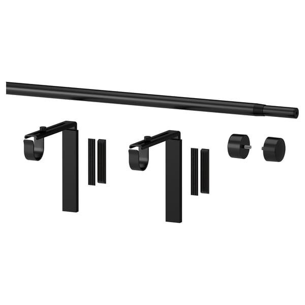 Black RÄCKA curtain rod set with adjustable length and angle holders, designed for versatile window treatments.