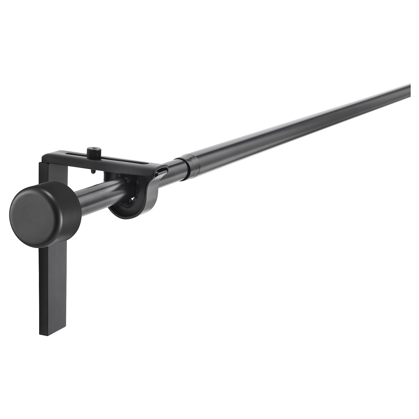 Black RÄCKA curtain rod set with extendable pole, mounts on wall or ceiling, includes 4 brackets and 2 finials.