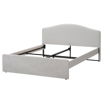RAMNEFJÄLL bed: light gray, modern design with minimalist curves, upholstered fabric, metal frame.