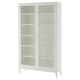 A white REGISSÖR cabinet with glass doors. Its a tall, rectangular storage unit with five shelves, adjustable feet, and a simple, elegant design.