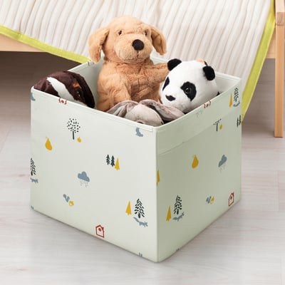 Green toy box, kallax-compatible, soft forest design.