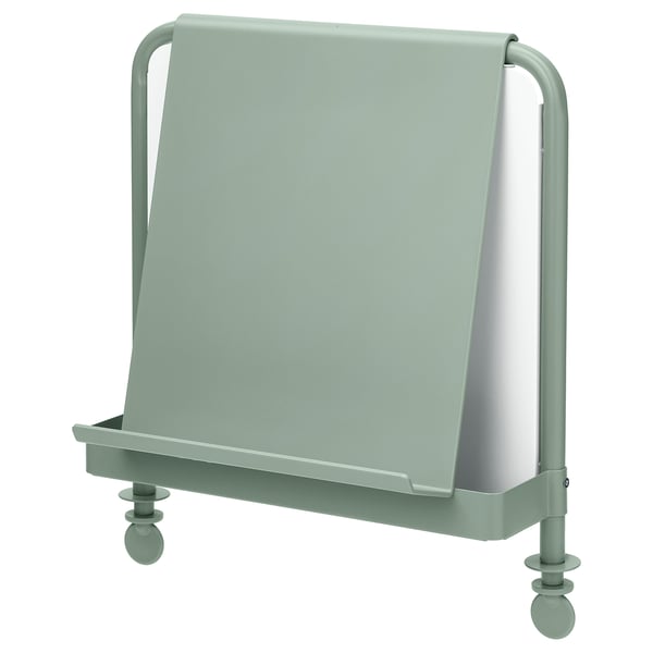 A green RELATERA mobile whiteboard with a writing board and shelf. It is rectangular with a tubular frame, ideal for notes and storage.