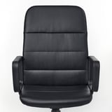 Black office chair with padded seat and armrests, designed for ergonomic comfort.