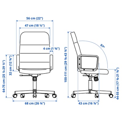 Black office chair with armrests, adjustable height and casters, upholstered in fabric.