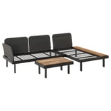 Modern outdoor lounge set, REVSKÄR in black with dark cushions, featuring a sofa, coffee table, and chaise longue.