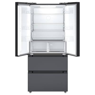 Black stainless steel refrigerator with french doors and two drawers.