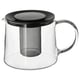 Option: RIKLIG clear glass teapot with black lid and mesh insert for tea leaves, handle on right side.