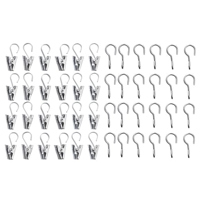 Silver stainless steel curtain clips & hooks. Organized, ideal for smooth sliding on wires, perfect for bathroom use.