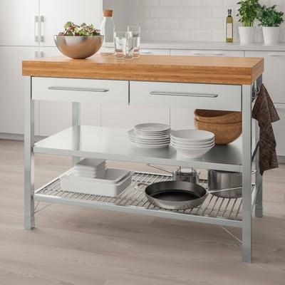 Beige & bamboo RIMFORSA kitchen island by ikea with storage.
