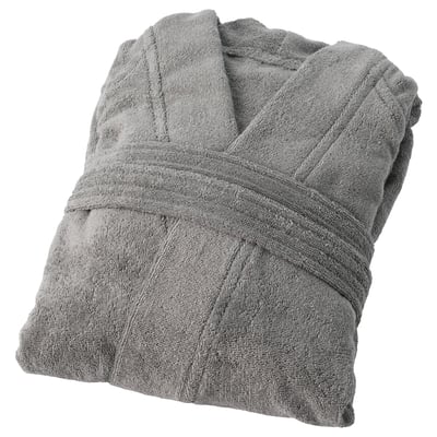 A gray, terry cotton bathrobe named ROCKÅN, designed for comfort with adjustable belt loops, side pockets, and diagonal sleeve seams.