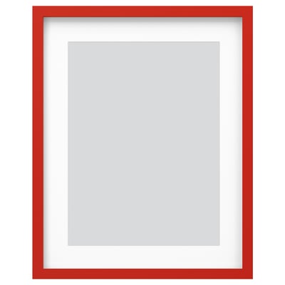 Red RÖDALM picture frame with grey inner mat, rectangular, simple design.