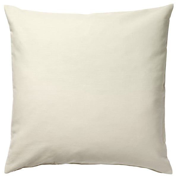 A square ROTFJÄRIL pillow, beige in color, with a zipper closure, made from 50% ramie and 50% cotton.