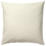 A square ROTFJÄRIL pillow, beige in color, with a zipper closure, made from 50% ramie and 50% cotton.