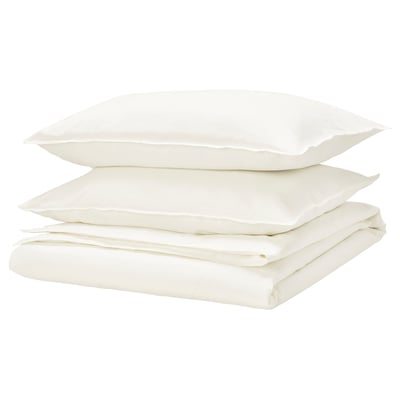 A white RUNDHAGTORN duvet set. It includes a duvet cover and pillowcases, made of linen and cotton, with a casual, pre-washed look.
