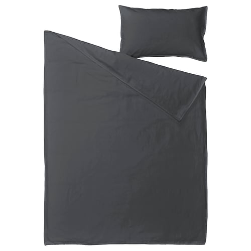Dark grey RUNDHAGTORN bedset in linen-cotton blend, includes duvet and pillowcase, neatly folded, modern minimalist design.