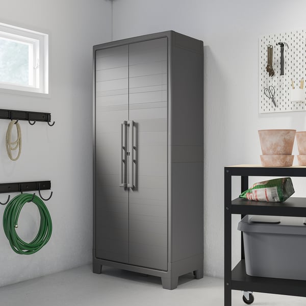RUNMARÖ gray cabinet made of plastic. Tall, rectangular, fits into corners, outdoor versatile storage.