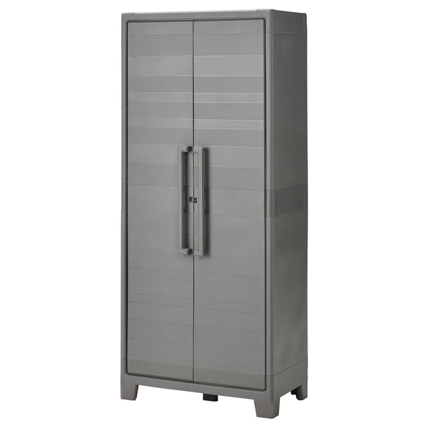 RUNMARÖ grey plastic storage cabinet, rectangular shape with double doors and horizontal lines.