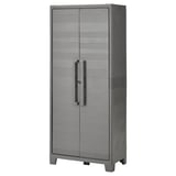 RUNMARÖ grey plastic storage cabinet, rectangular shape with double doors and horizontal lines.